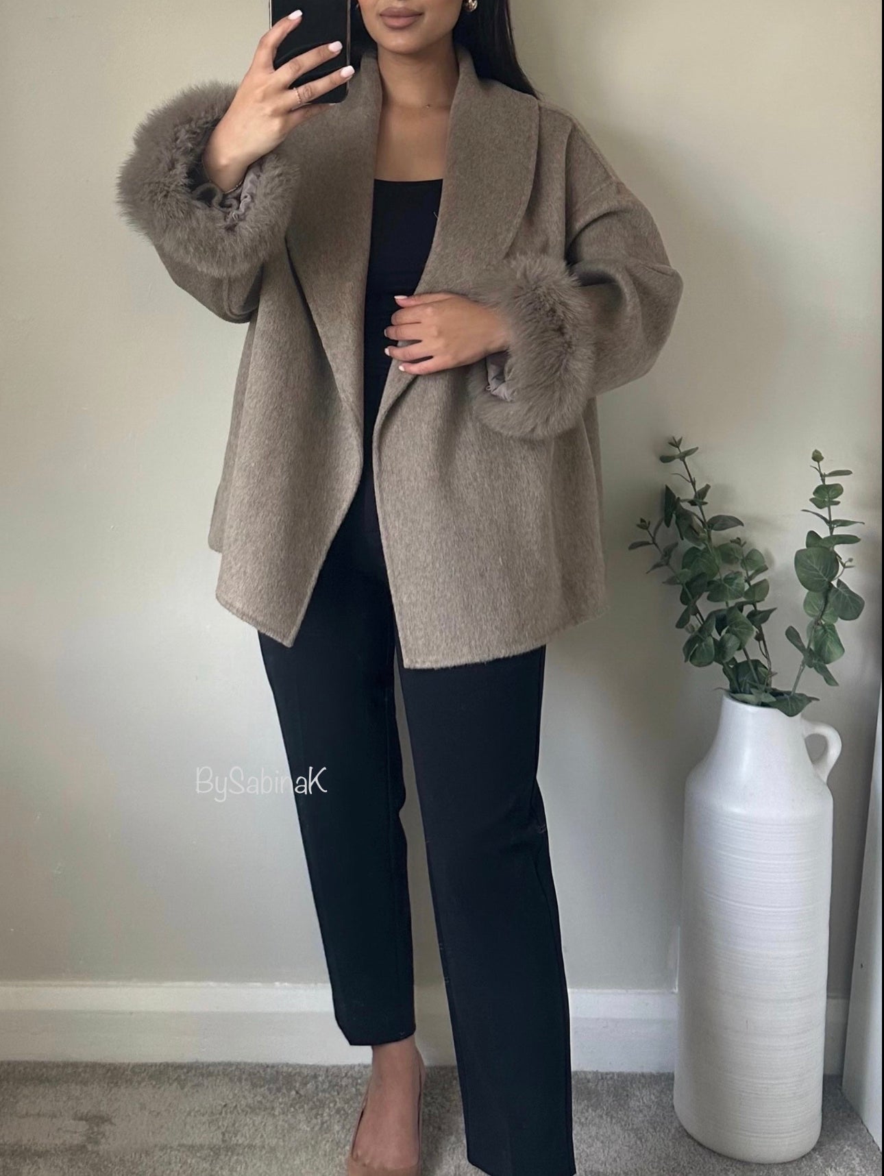 Taupe 100% Wool Fur Short Coat (Pre-order)