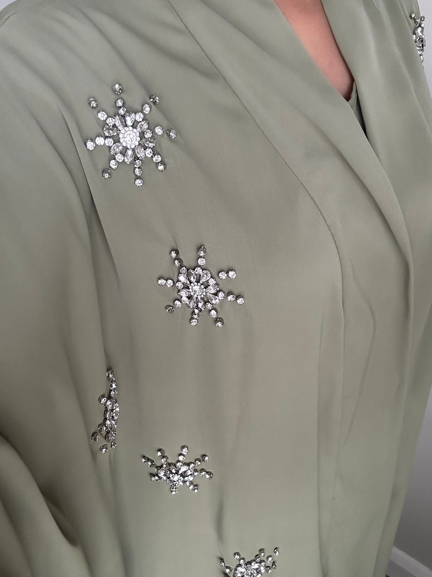 Khaki Green Rhinestone Detail Batwing Abaya Set