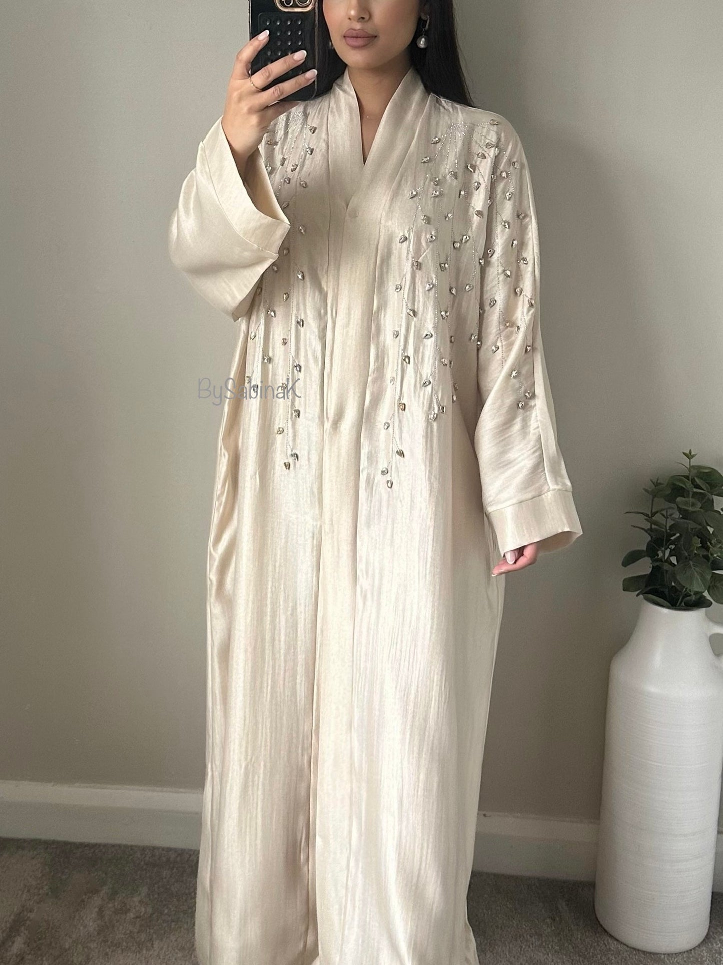 Ivory Rhinestone Buttoned Kaftan Kimono Abaya