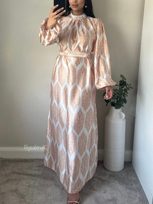 Beige Satin Pattern Belted Dress