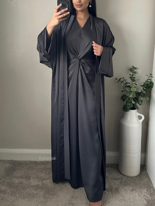 Grey Satin Twist Abaya Set