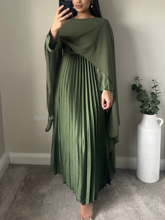 Khaki Green Satin Pleated Chiffon Cape Dress