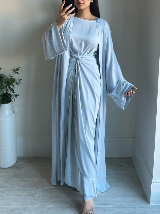 Blue Satin Wrap Dress Kimono Set