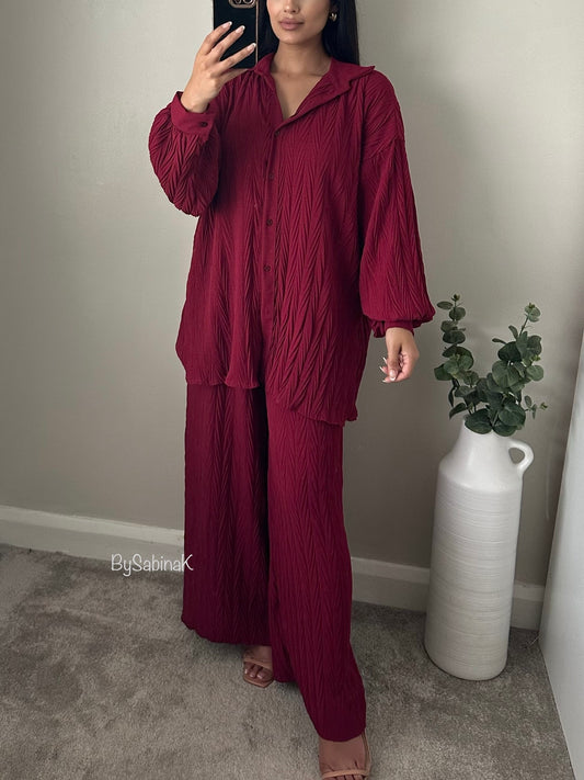 Wine Red Pleated Oversized Co-ord