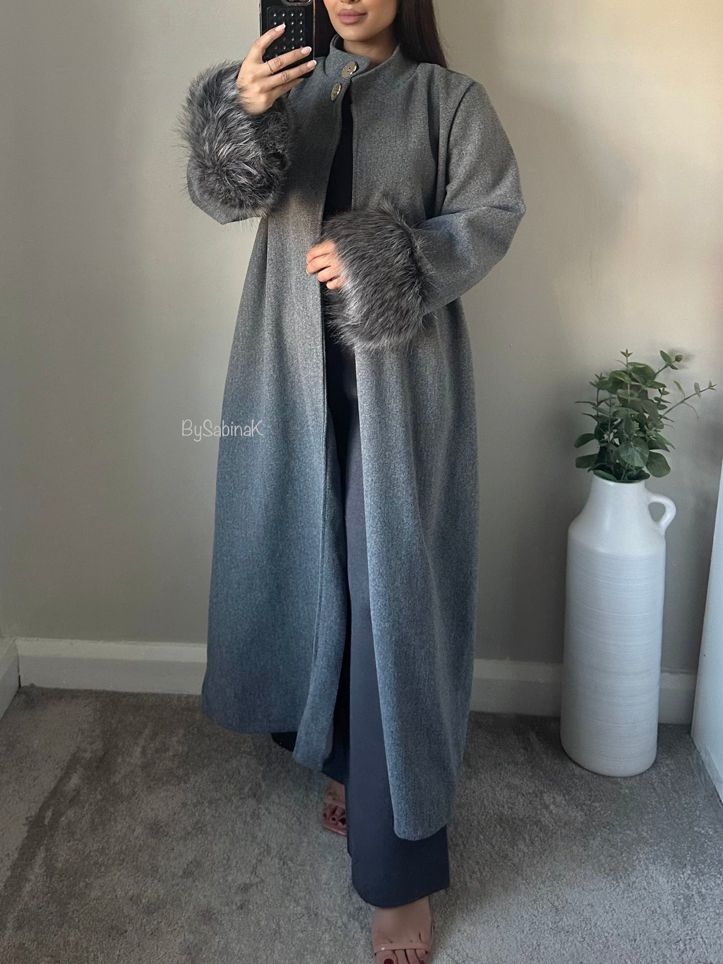 Grey Maxi Fur Gold Button Cape Jacket