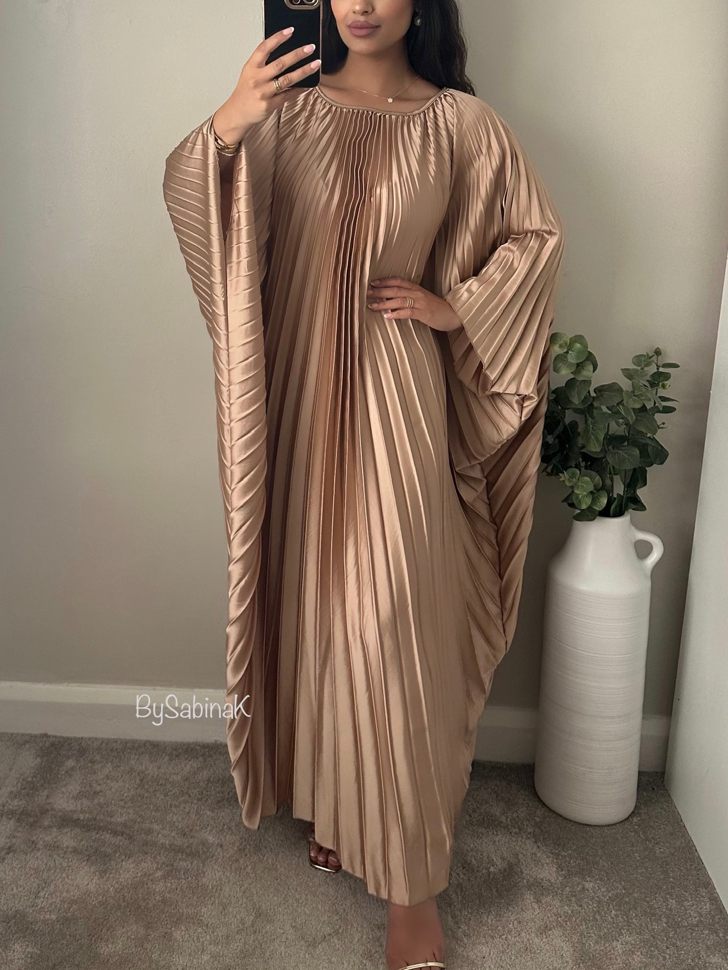 Gold Pleated Satin Kaftan Dress