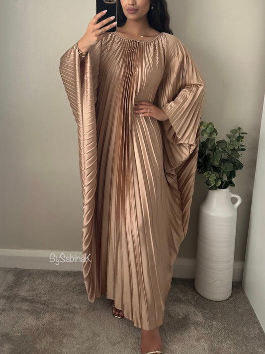 Gold Pleated Satin Kaftan Dress