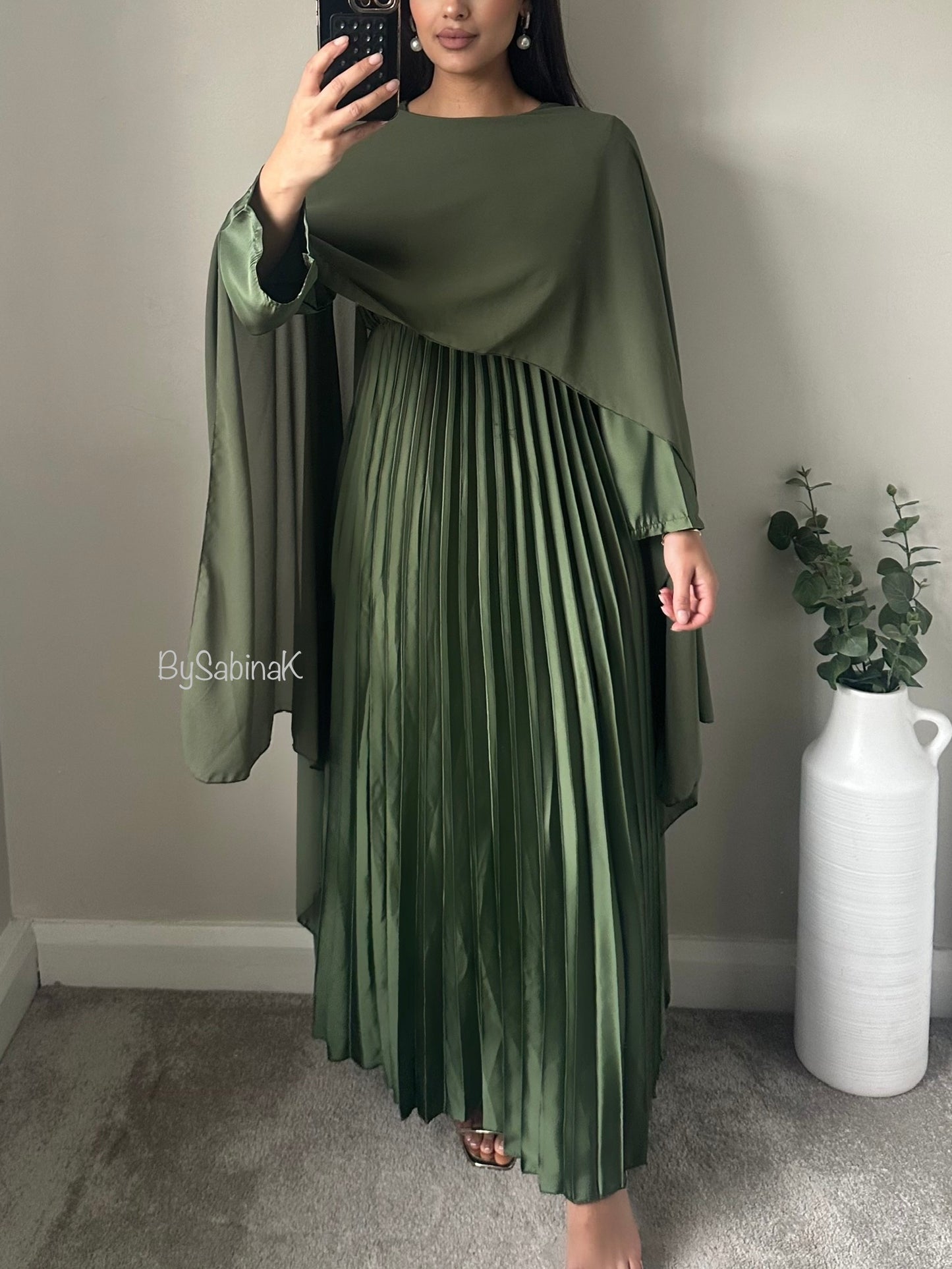 Khaki Green Satin Pleated Chiffon Cape Dress