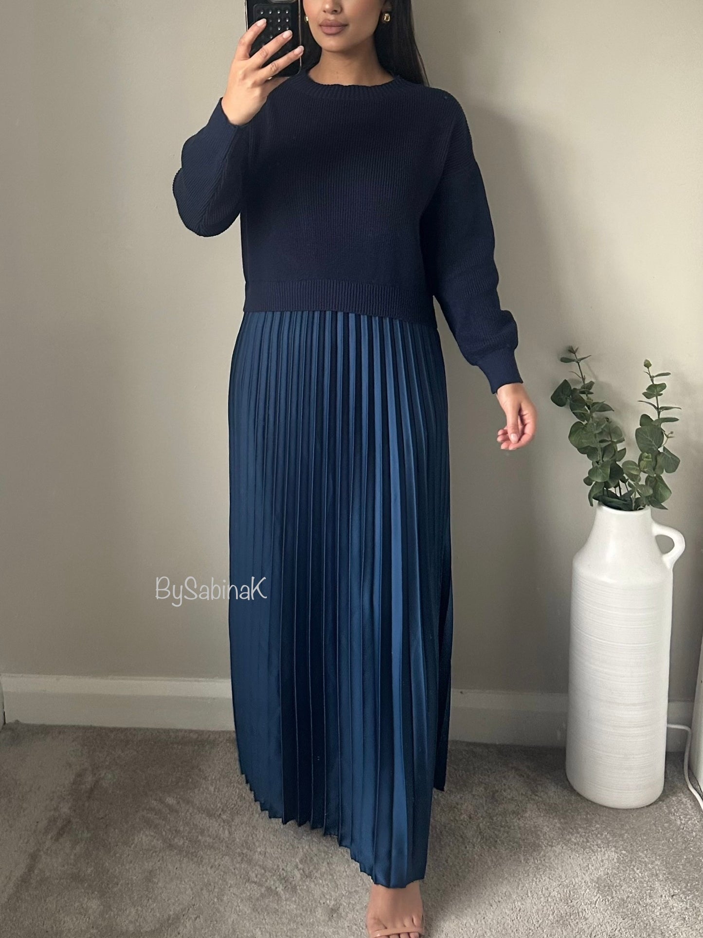 Navy Blue Jumper Satin Pleated Dress