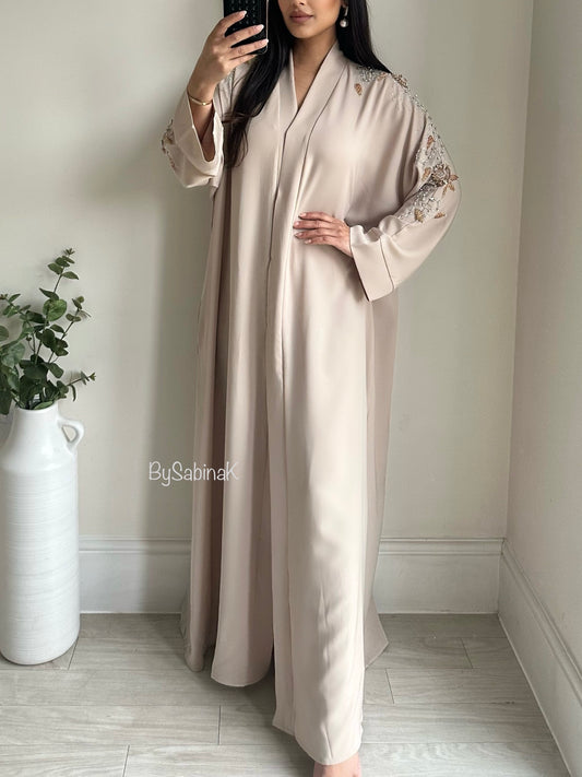 Ivory Embellished Open Buttoned Abaya