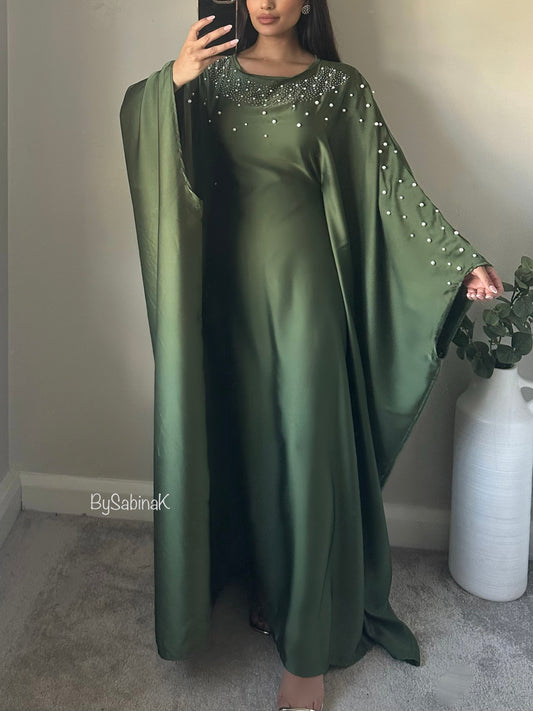 Khaki Green Pearl Diamonte Belt Kaftan