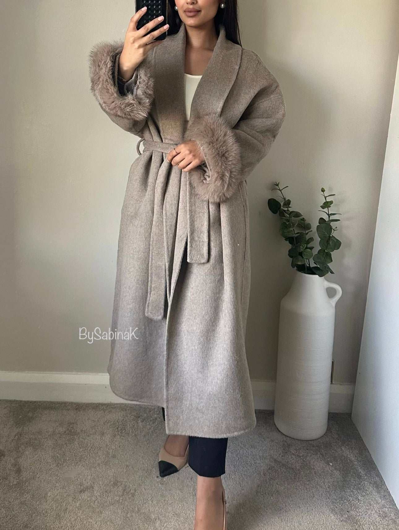 Taupe 100% Wool Fur Long Coat