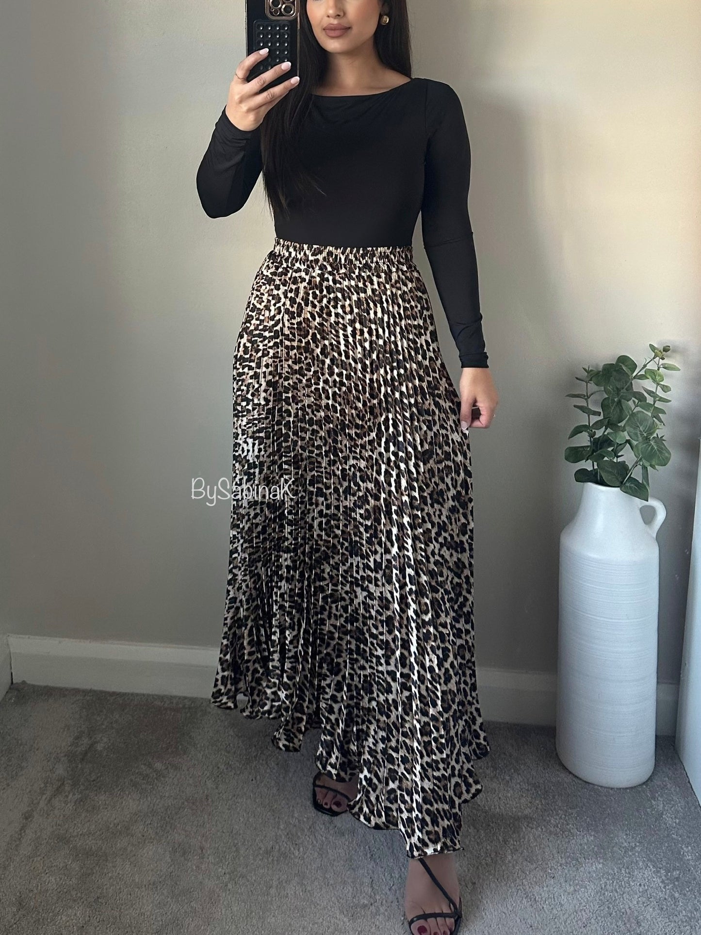 Leopard Print Satin Pleated Skirt