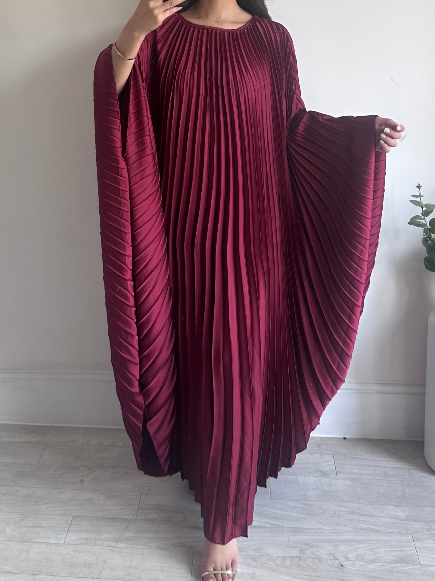 Wine Red Pleated Satin Kaftan Dress