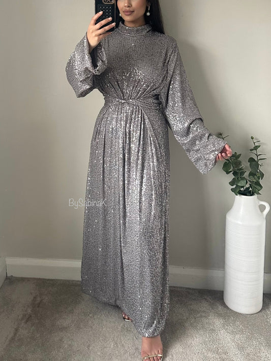 Grey Sequin Tie Belt Batwing Dress