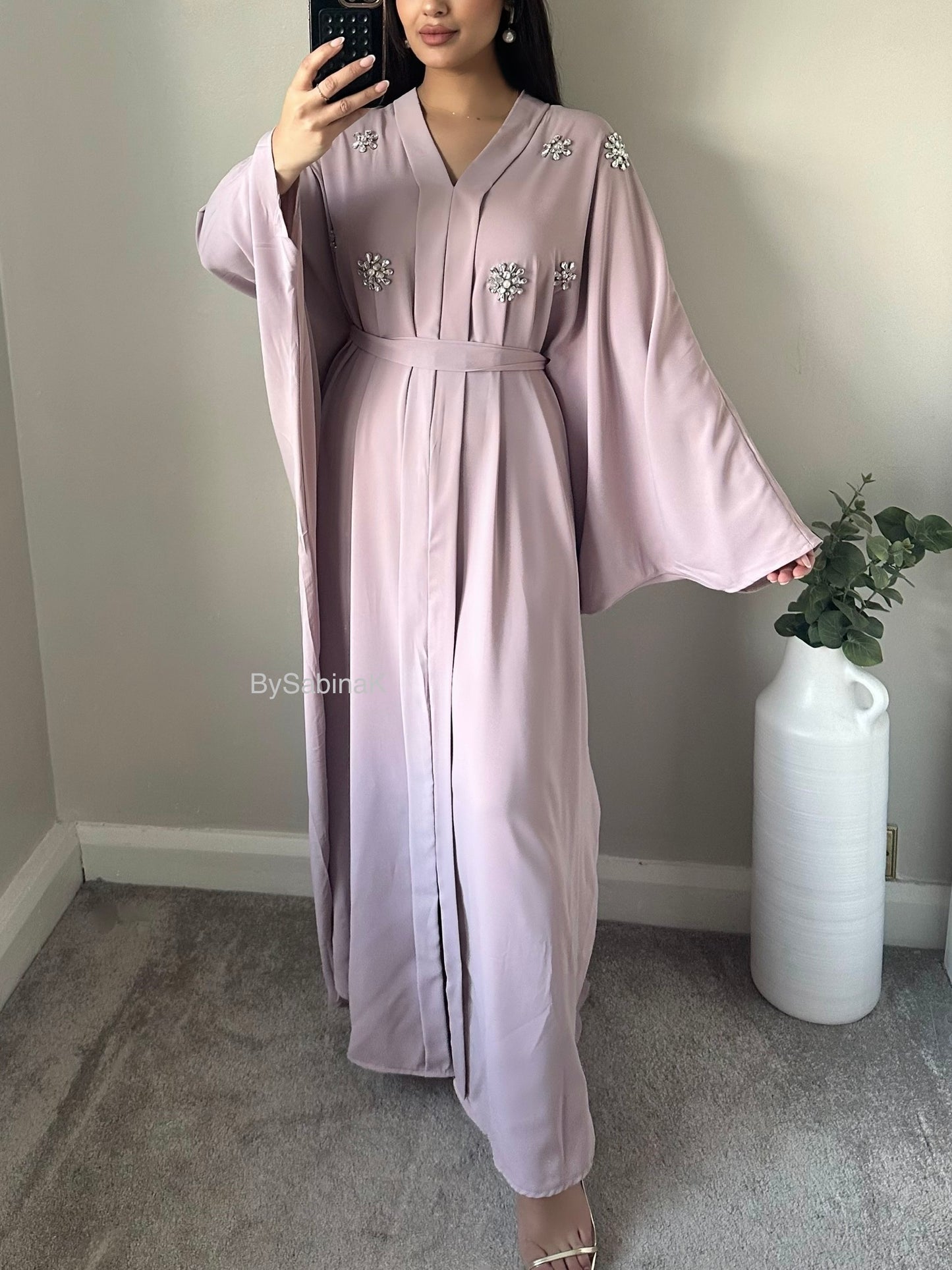 Lilac Embellished Rhinestone Belted Kaftan Abaya