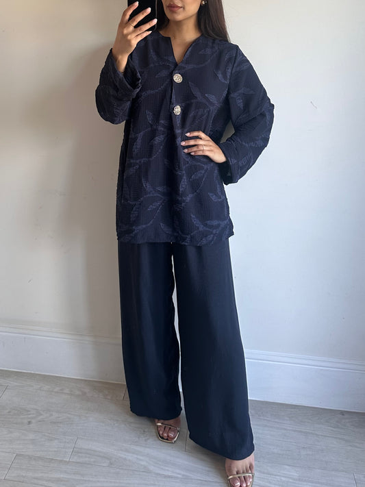 Navy Floral Linen Gold Button Co-ord Set