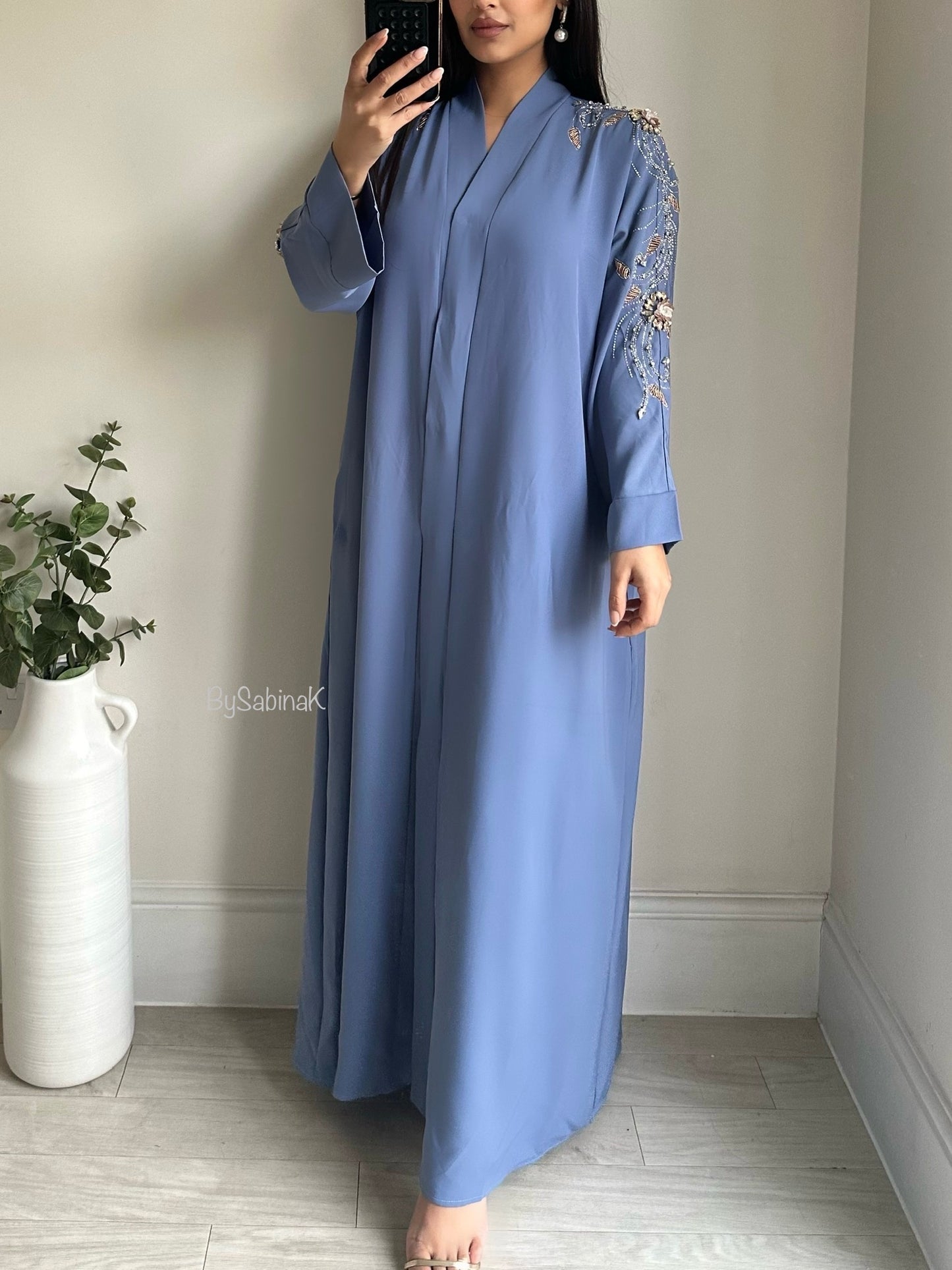 Blue Embellished Open Buttoned Abaya