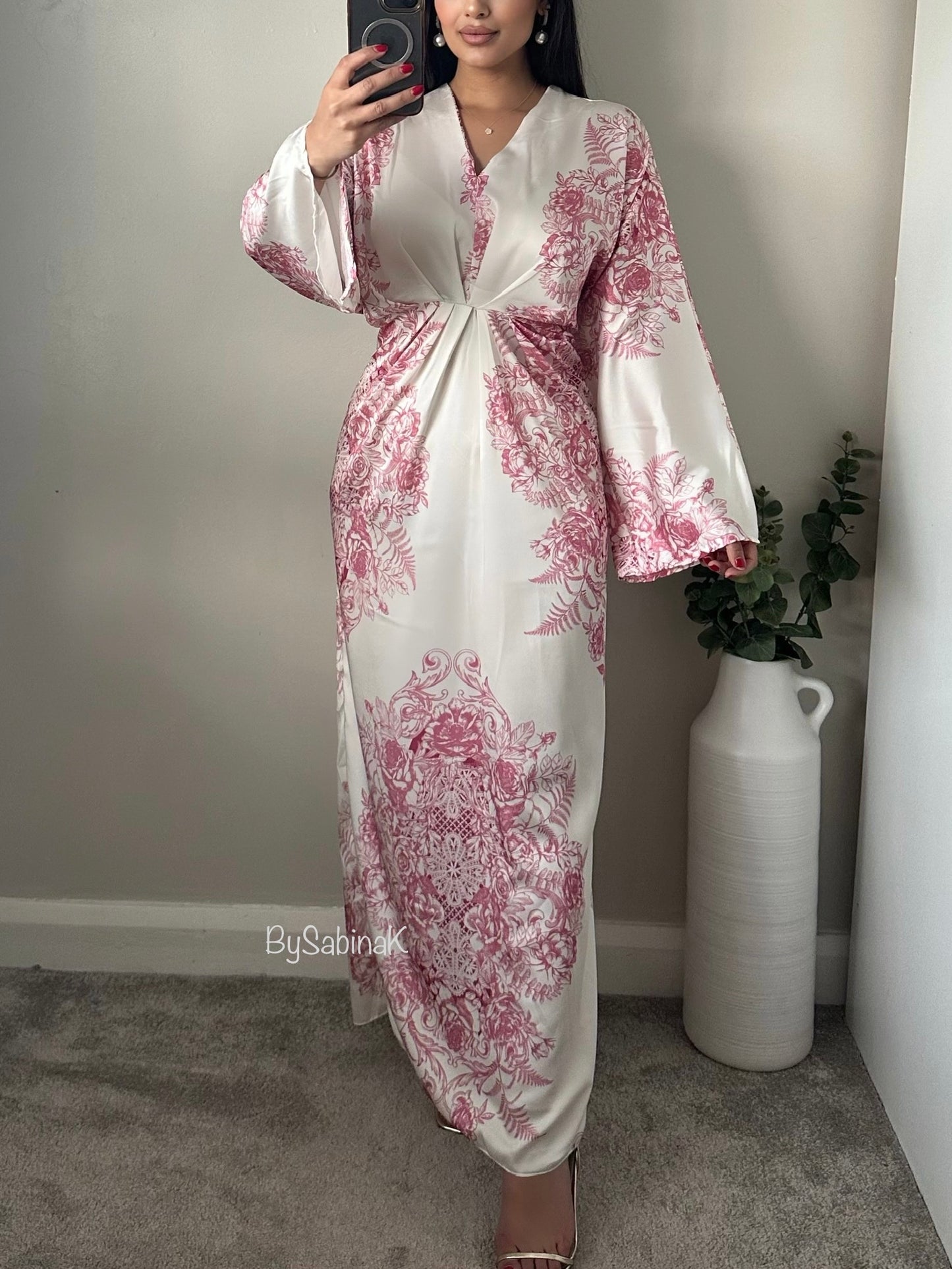 Pink Floral Batwing Satin Dress