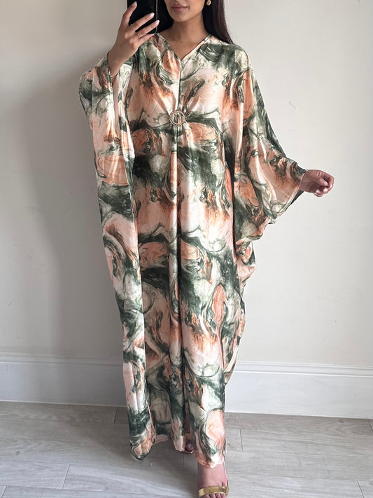 Green Gold Marble Satin Print Brooch Kaftan