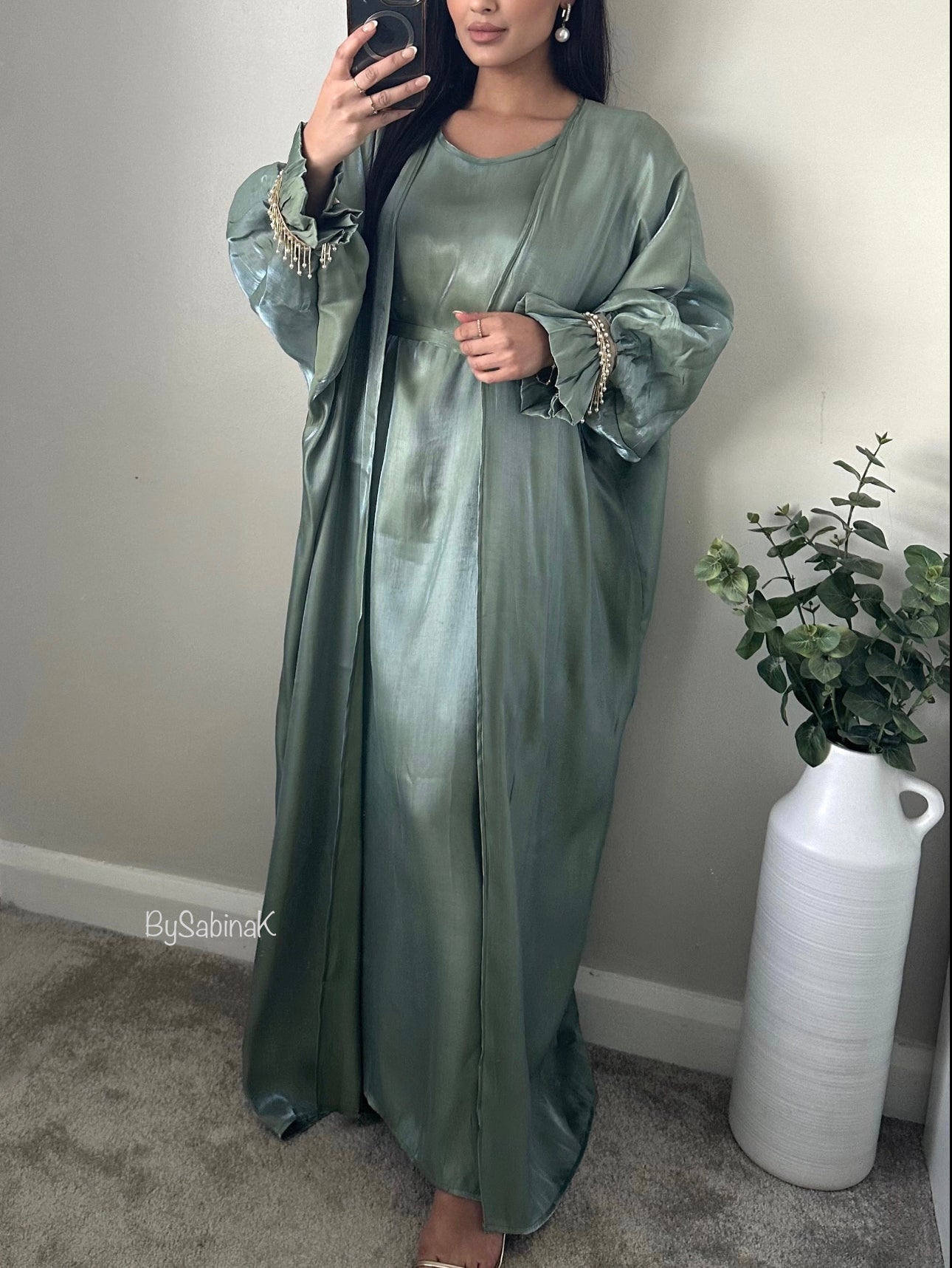 Sage Green Shimmer Tassel Cuff Detail Abaya Set 181