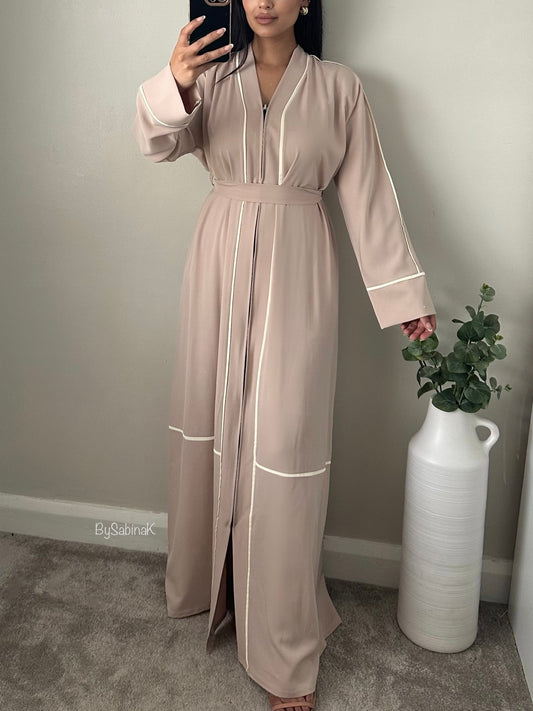 Nude White Trim Zip Abaya