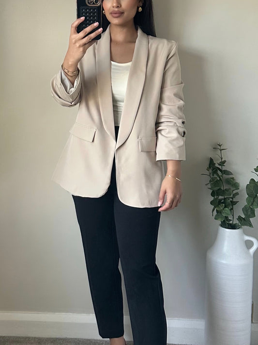 Beige Ruched Sleeve Blazer