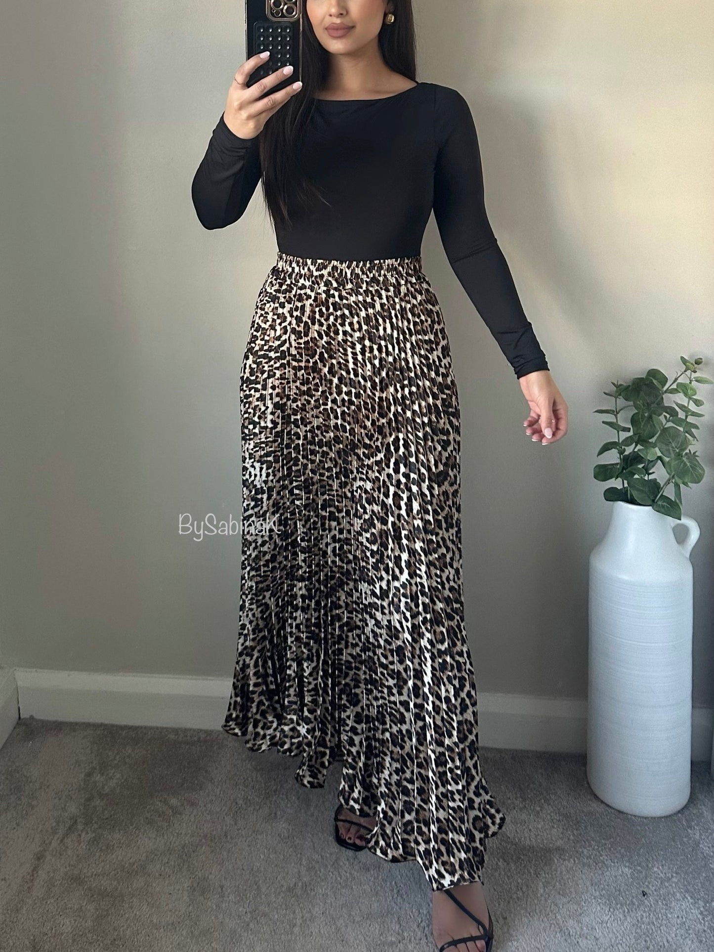 Leopard Print Satin Pleated Skirt