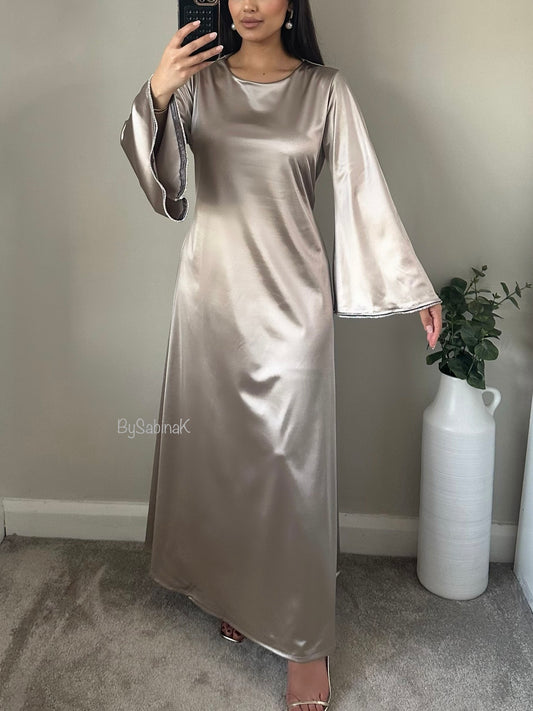 Taupe Diamanté Flare Sleeve Satin Dress