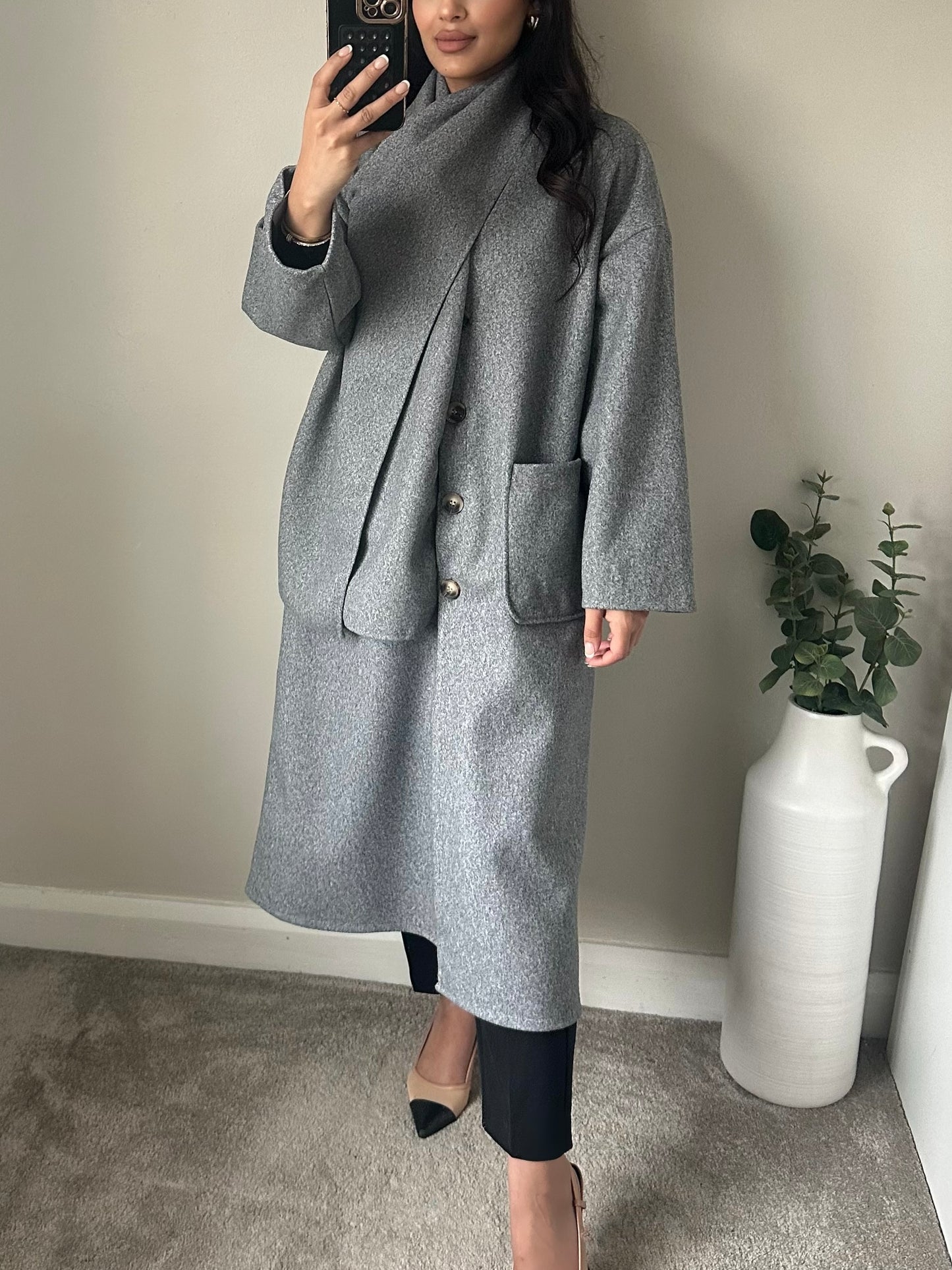 Grey Buttoned Scarf Coat Jacket