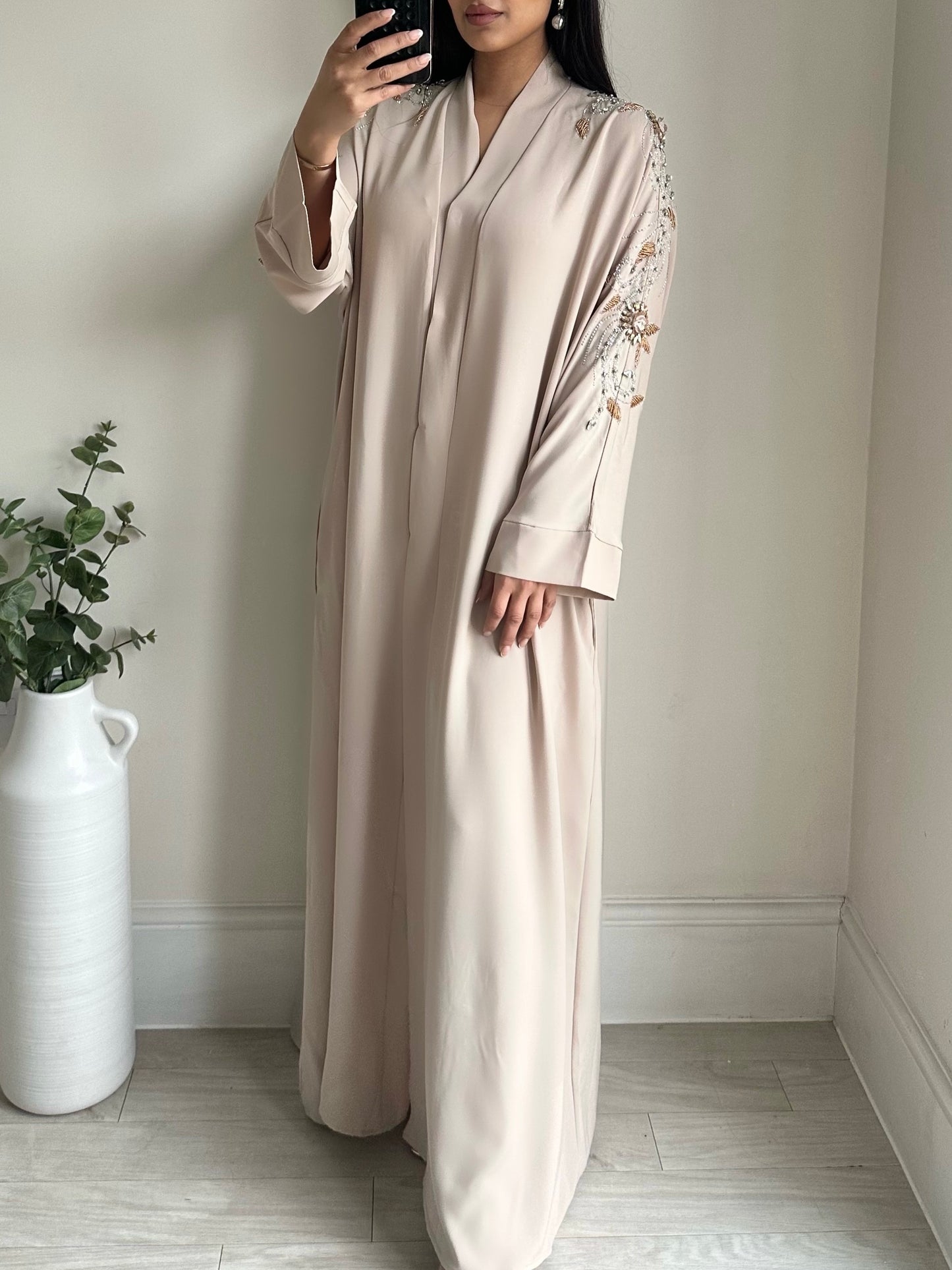 Ivory Embellished Open Buttoned Abaya