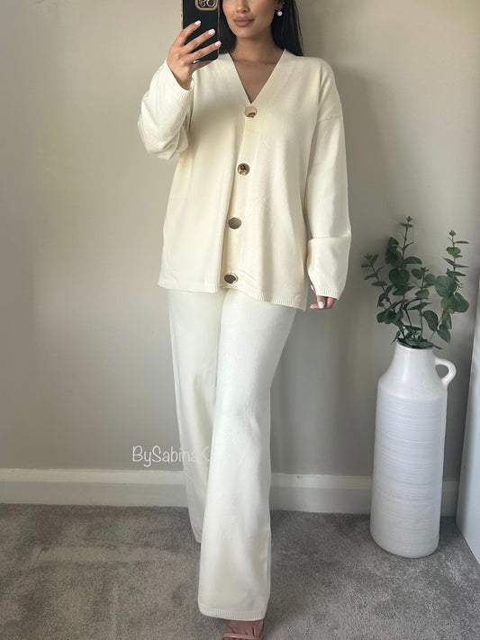 Ivory Gold Button Plain Cardigan Co-ord Set