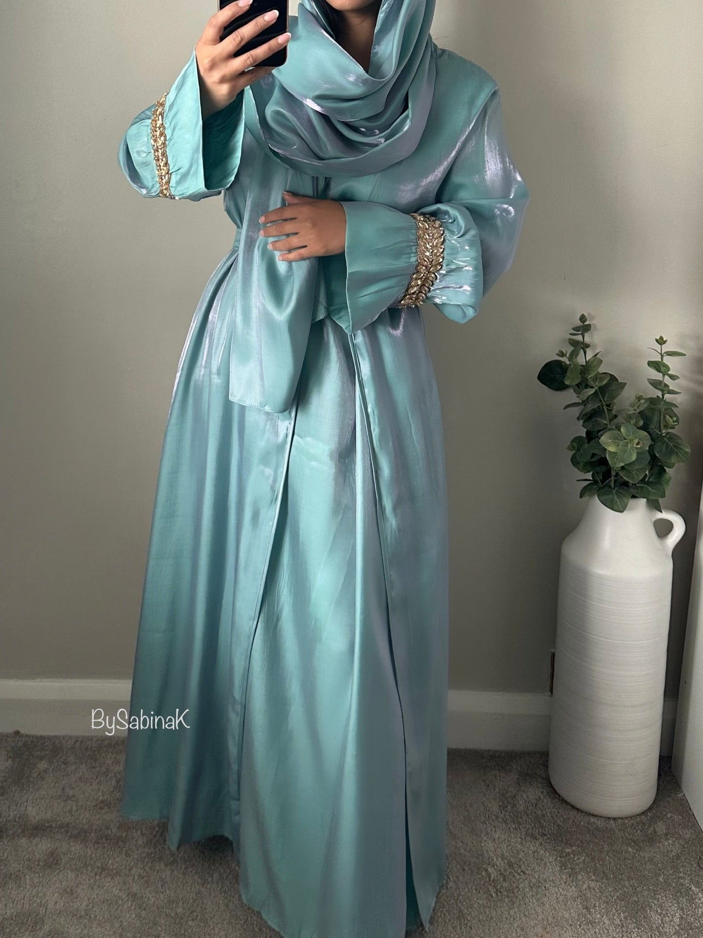 Blue Shimmer Cuff Detail Abaya Set 202