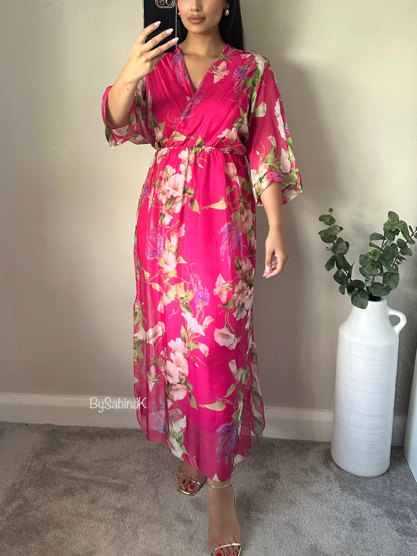 Hot Pink Floral Chiffon Silk Dress