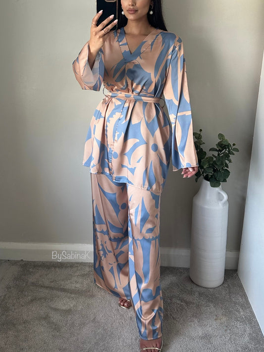 Blue Beige Satin Belted Co-ord