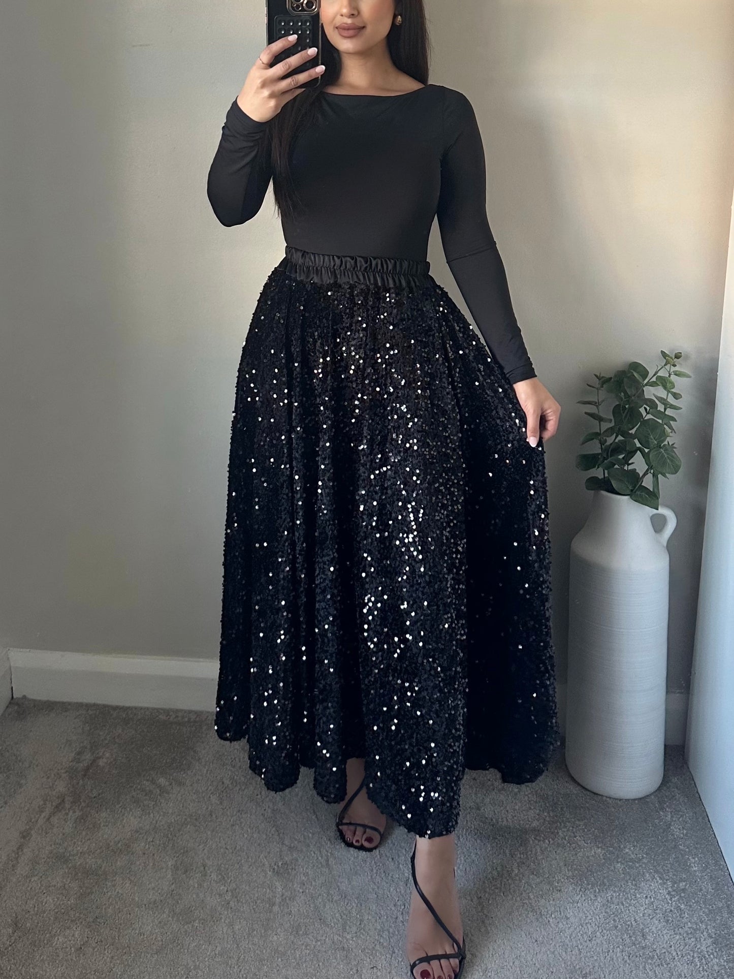 Black Sequin Velvet Full Maxi Skirt