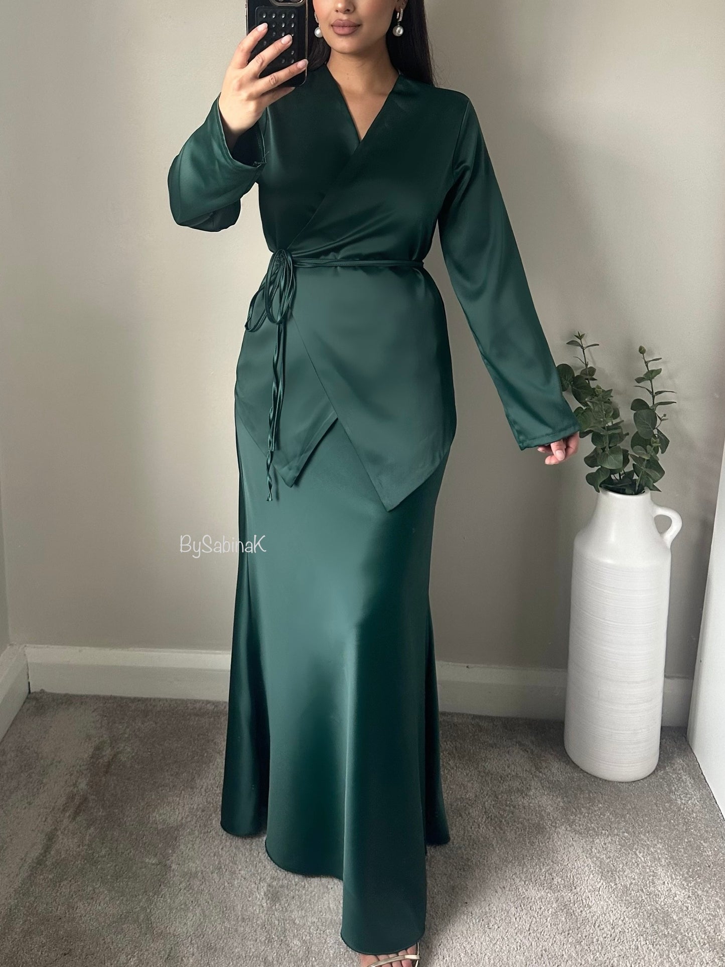 Green Satin Wrap Skirt Co-ord Set