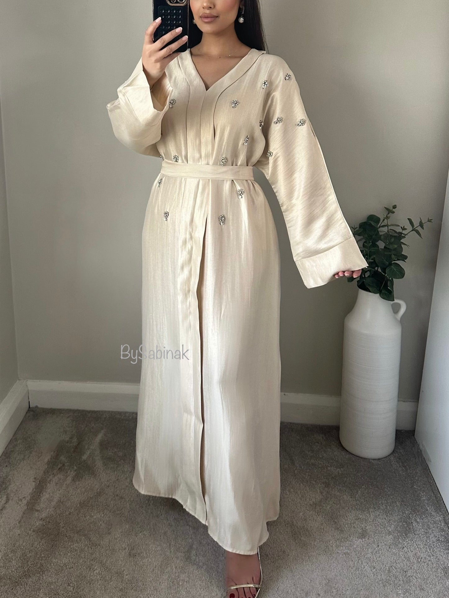 Ivory Rhinestone Belted Kaftan Dress Abaya