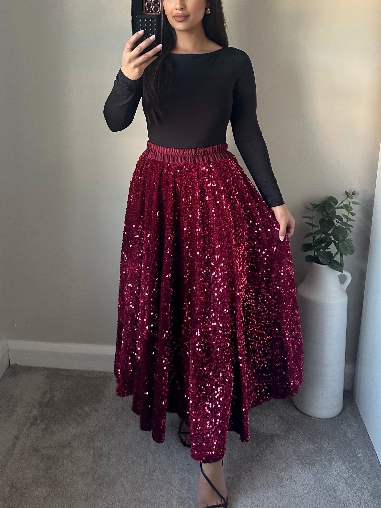 Wine Red Sequin Velvet Full Maxi Skirt