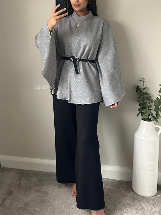 Grey Cape Belted Jacket