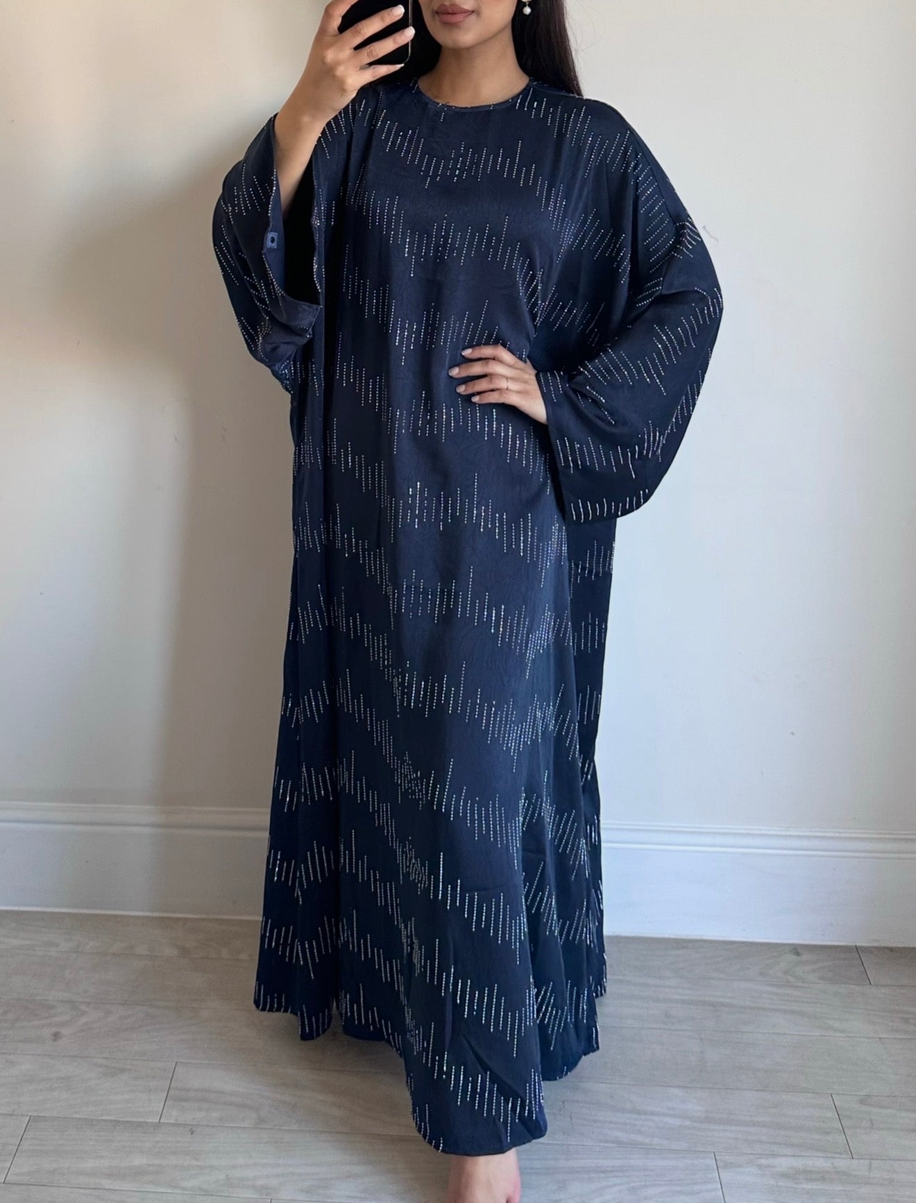 Navy Blue Rhinestone Kaftan Silk Abaya