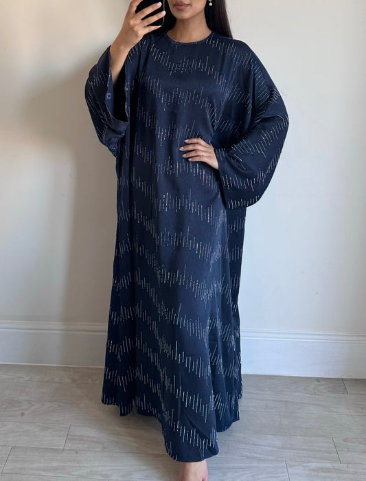 Navy Blue Rhinestone Kaftan Silk Abaya