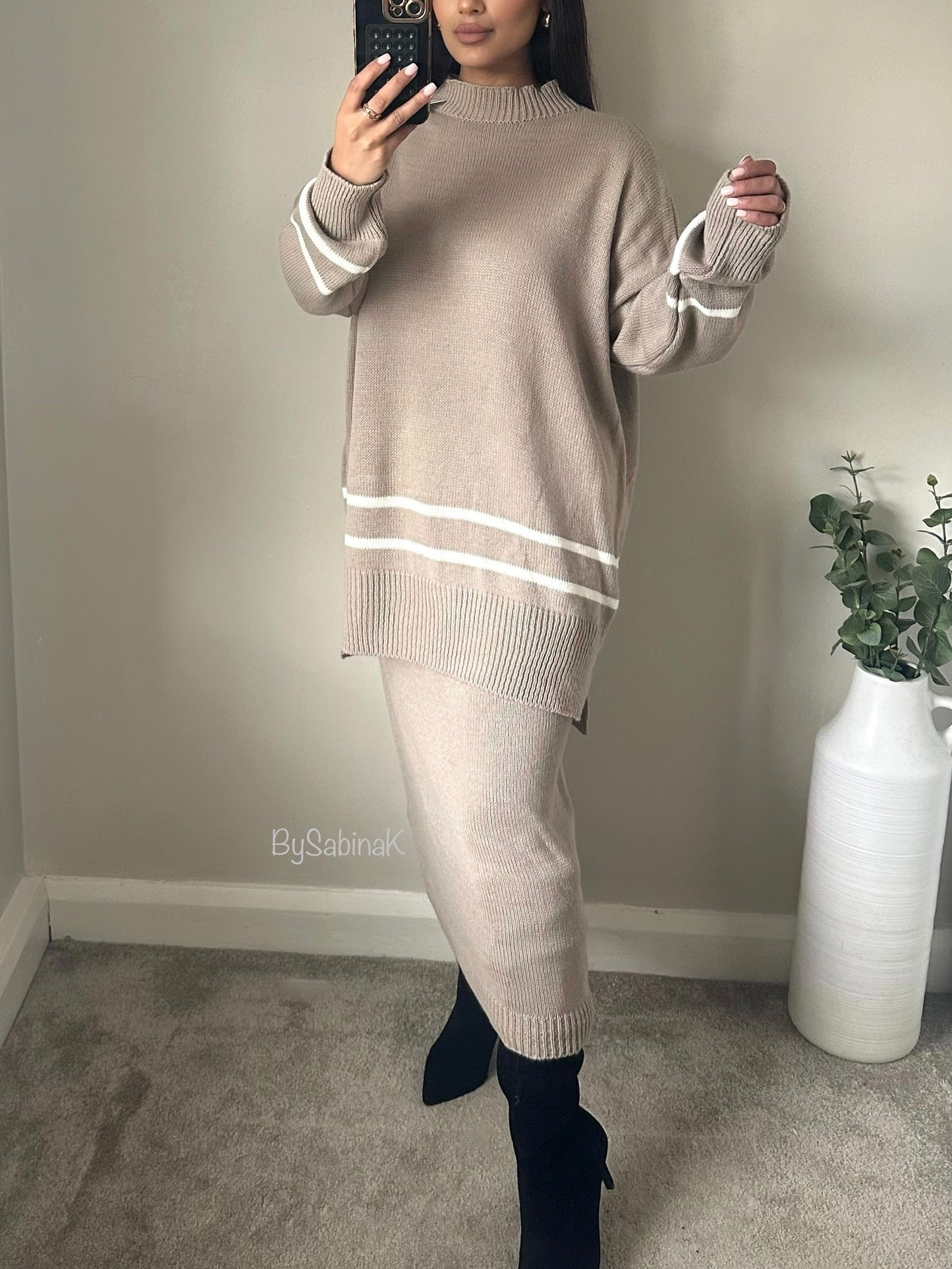 Beige Knitted Co-ord Skirt Set