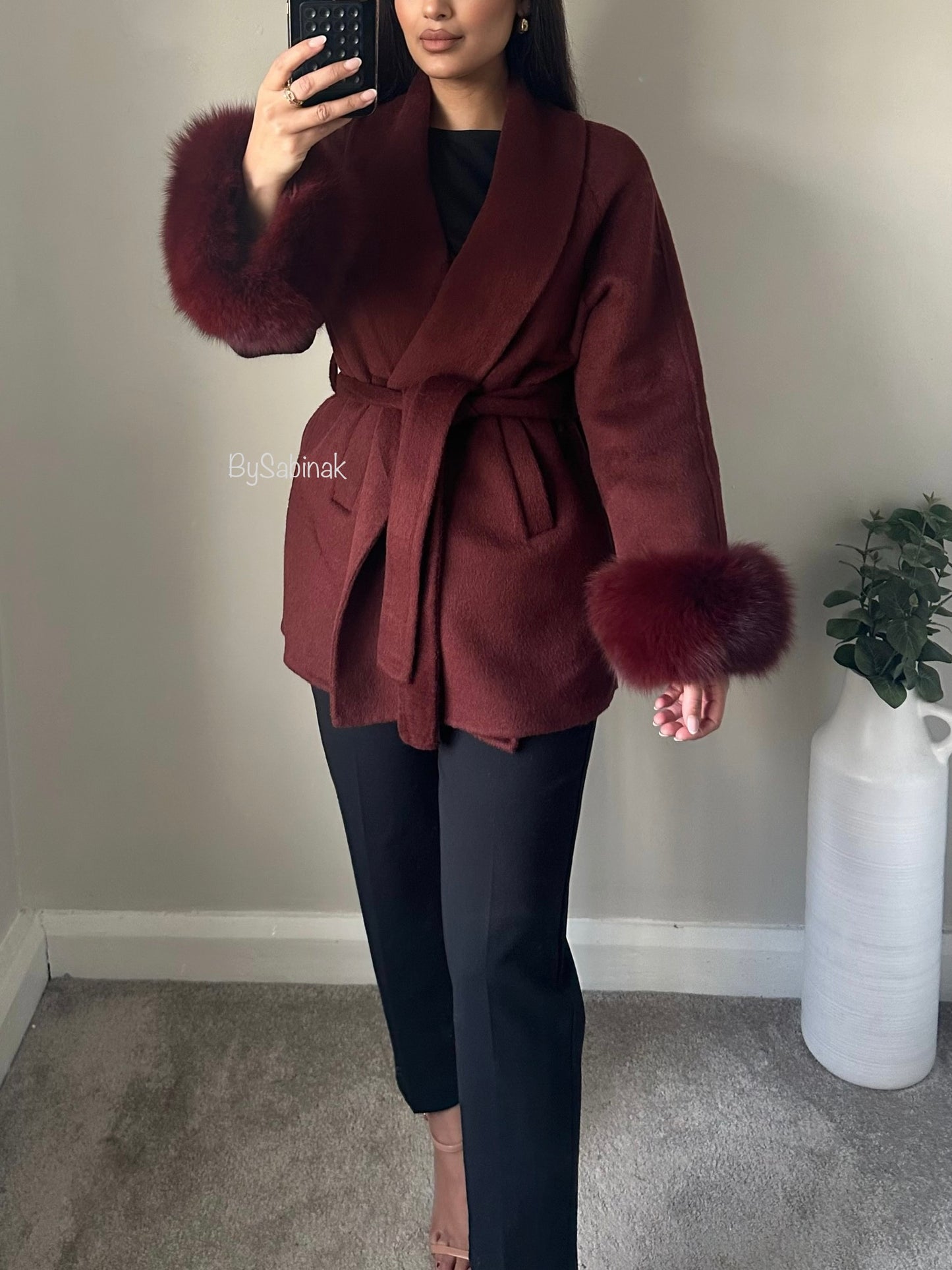 Burgundy 100% Wool Fur Short Coat