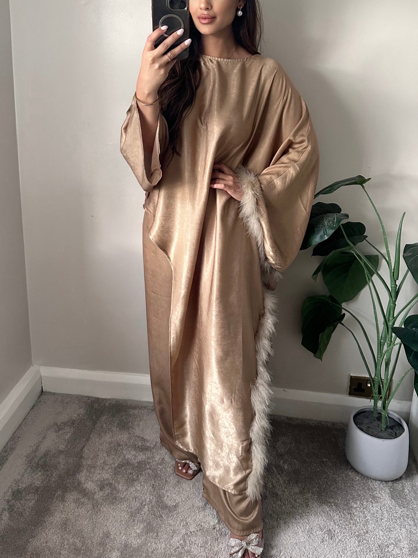 Gold Shimmer Feather Trimmed Co-ord