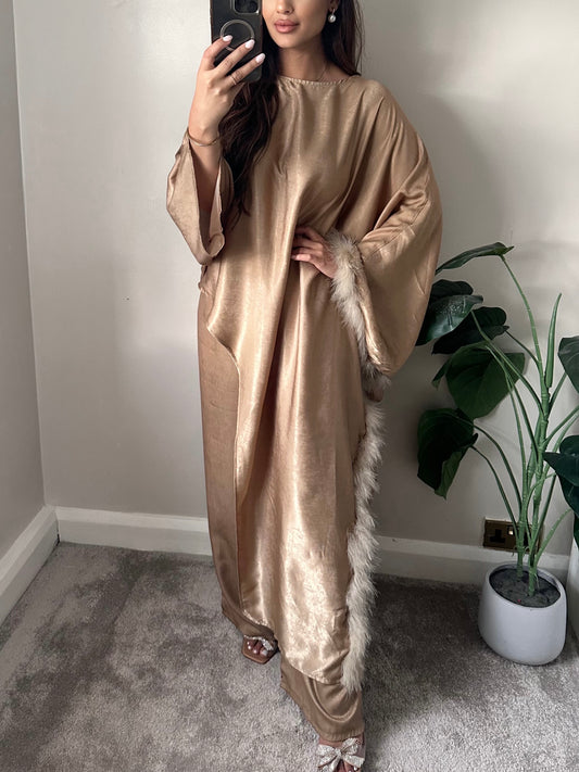 Gold Shimmer Feather Trimmed Co-ord
