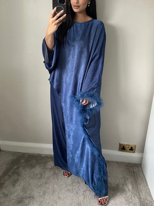 Blue Feather Trimmed Trousers Co-ord