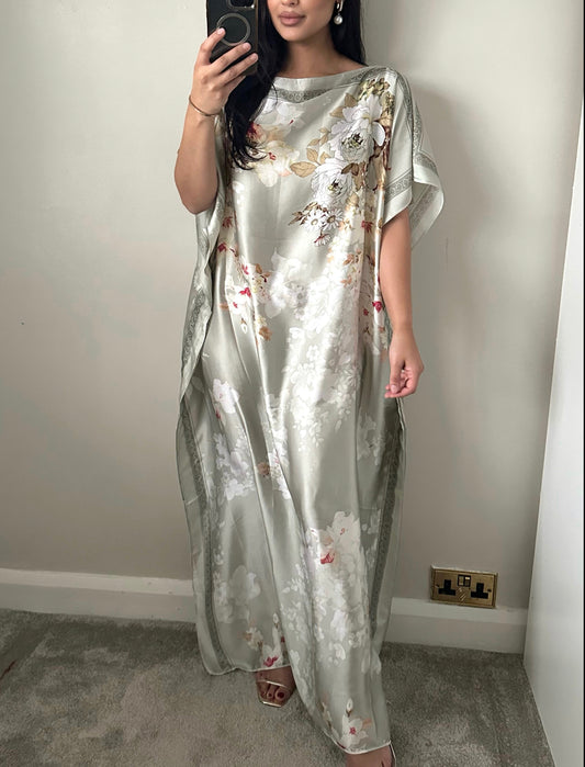 Silver/Mint Satin Printed Kaftan