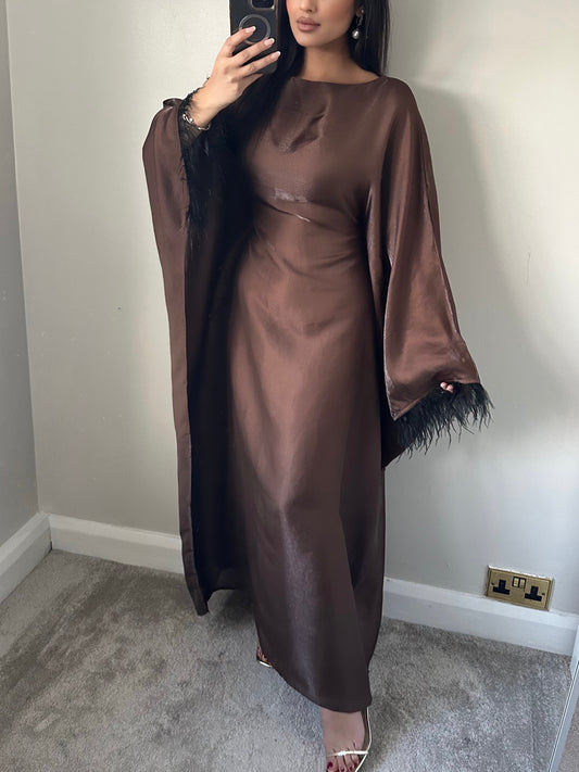 Brown Shimmer Feather Kaftan Dress Abaya