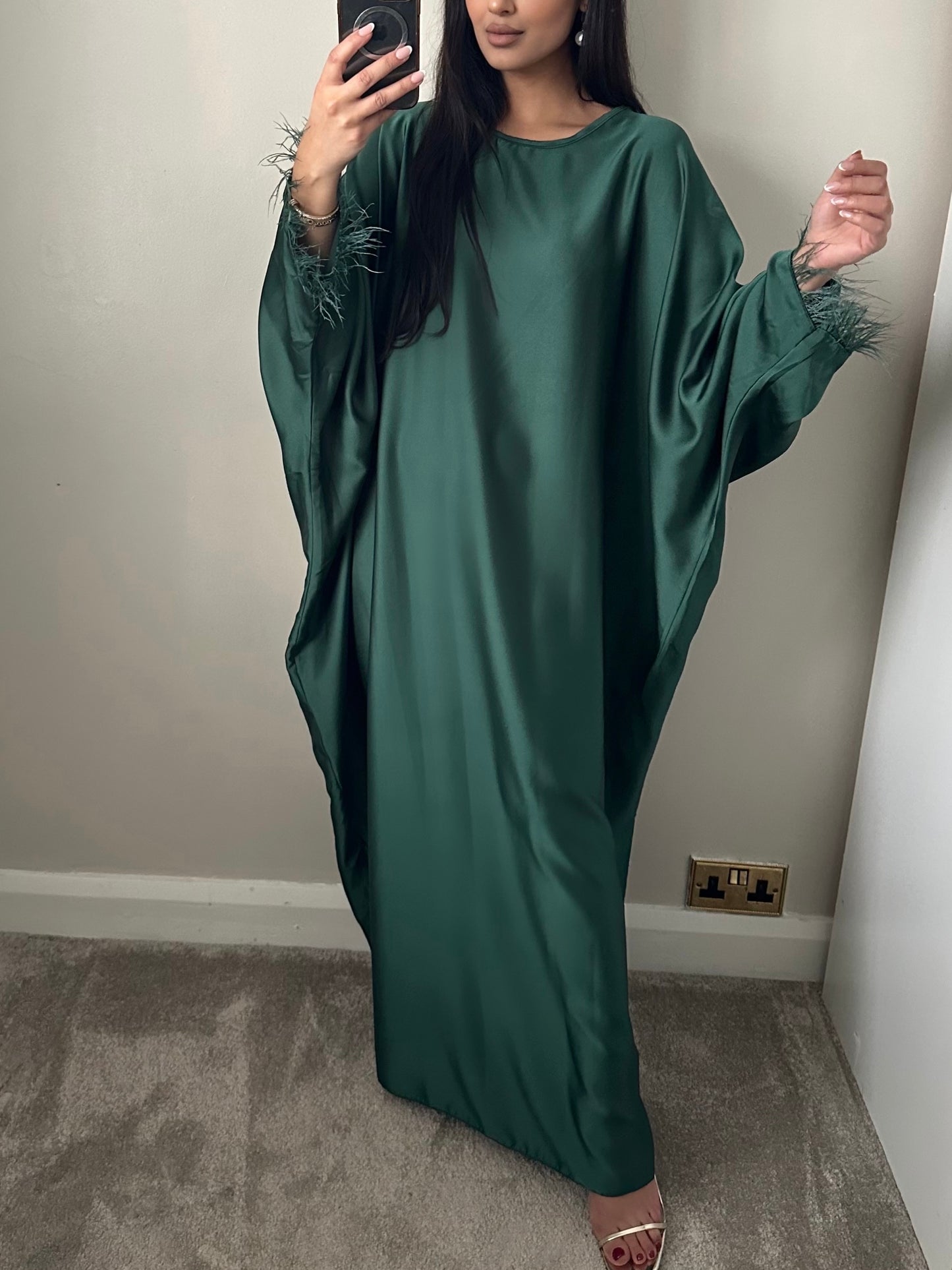 Bottle Green Feather Trimmed Abaya FA